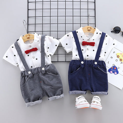 Half Sleeve Polka Dot Print Cotton Shirt with Dungaree Shorts & Bowtie, Little Man Party Outfit
