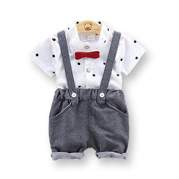 Half Sleeve Polka Dot Print Cotton Shirt with Dungaree Shorts & Bowtie, Little Man Party Outfit