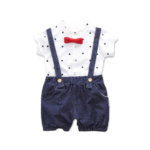 Half Sleeve Polka Dot Print Cotton Shirt with Dungaree Shorts & Bowtie, Little Man Party Outfit