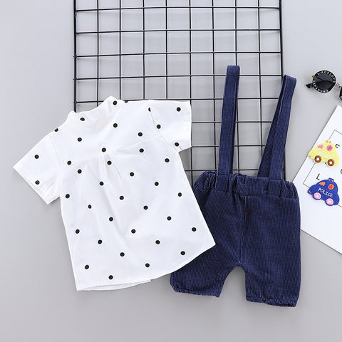 Half Sleeve Polka Dot Print Cotton Shirt with Dungaree Shorts & Bowtie, Little Man Party Outfit