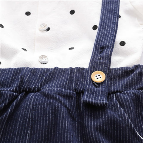 Half Sleeve Polka Dot Print Cotton Shirt with Dungaree Shorts & Bowtie, Little Man Party Outfit