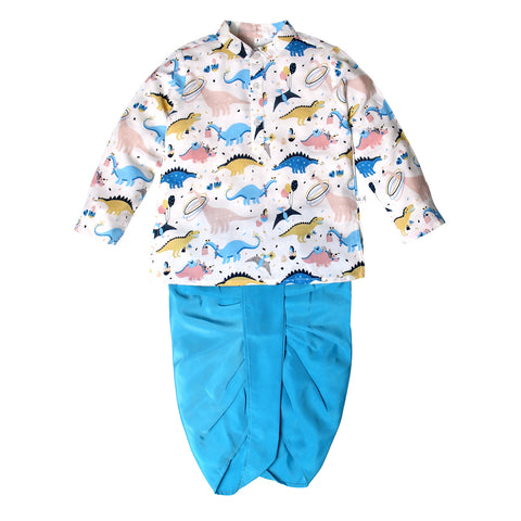 Pure Cotton & Crepe Full Sleeve Dinosaur Print Rawrsome Ethnic wear Dhoti Kurta Set for Boys