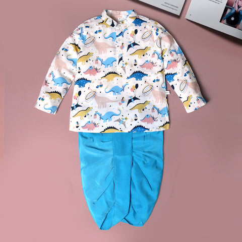 Cotton Full Sleeve Dinosaur Print Rawrsome Ethnic wear Dhoti Kurta Set for Infant Toddler Little Boys