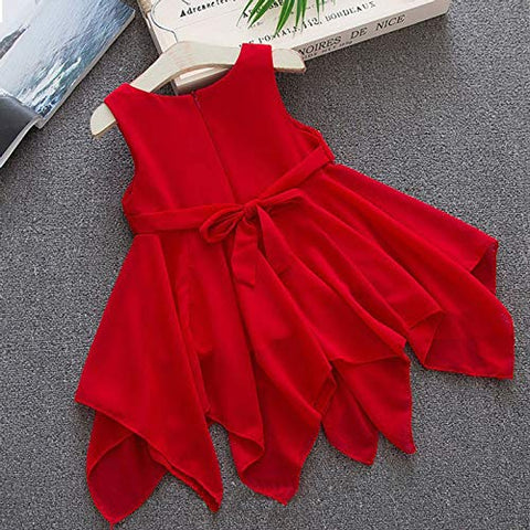 Sleeveless Red Flower Applique Flared Asymmetrical Hem Tutu Princess Frock Dress for Girls