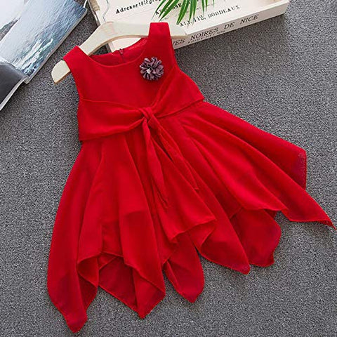 Sleeveless Red Flower Applique Flared Asymmetrical Hem Tutu Princess Frock Dress for Girls