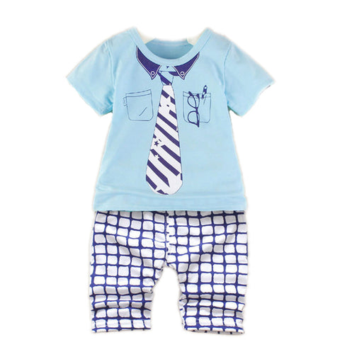 Cute Tie Printed Half Sleeve T-shirt & Check 3/4th Shorts Little Man Party Dress Clothes for Kids