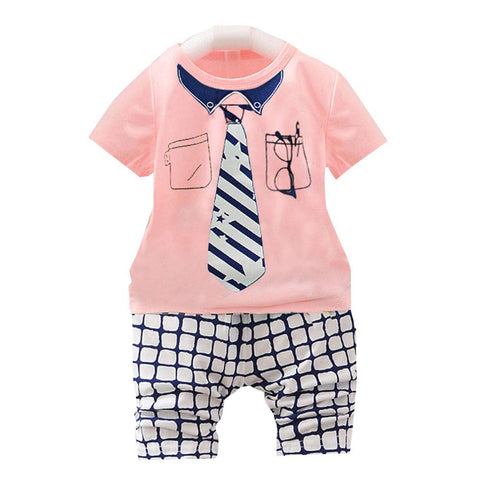 Cute Tie Printed Half Sleeve T-shirt & Check 3/4th Shorts Little Man Party Dress Clothes for Kids