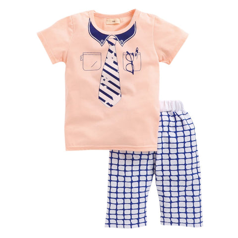 Cute Tie Printed Half Sleeve T-shirt & Check 3/4th Shorts Little Man Party Dress Clothes for Kids