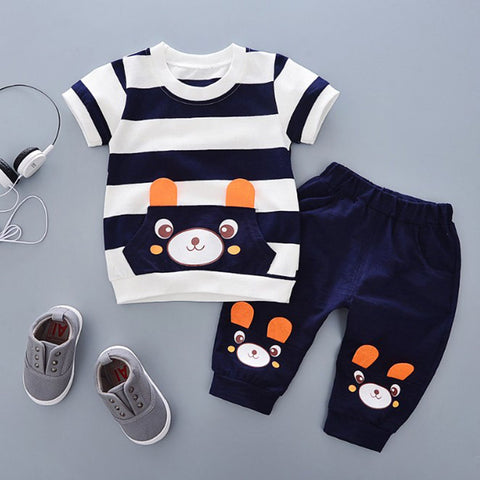 White & Navy Stripe Bear Face Print Half Sleeve T-shirt & Shorts Set for Kids