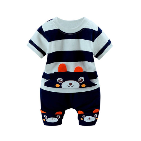 White & Navy Stripe Bear Face Print Half Sleeve T-shirt & Shorts Set for Kids
