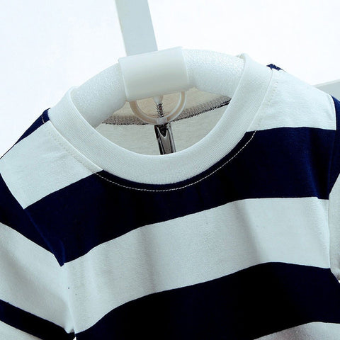 White & Navy Stripe Bear Face Print Half Sleeve T-shirt & Shorts Set for Kids