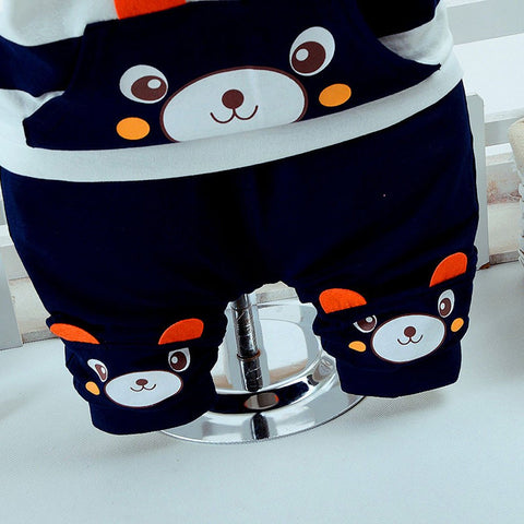 White & Navy Stripe Bear Face Print Half Sleeve T-shirt & Shorts Set for Kids