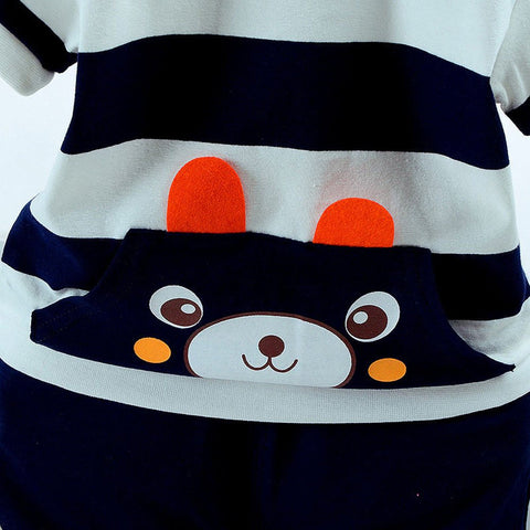 White & Navy Stripe Bear Face Print Half Sleeve T-shirt & Shorts Set for Kids