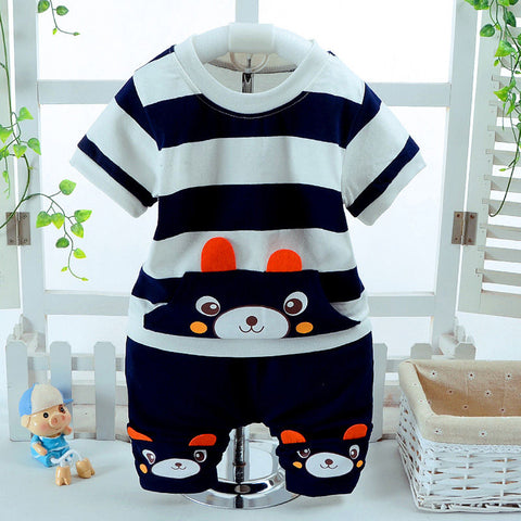 White & Navy Stripe Bear Face Print Half Sleeve T-shirt & Shorts Set for Kids