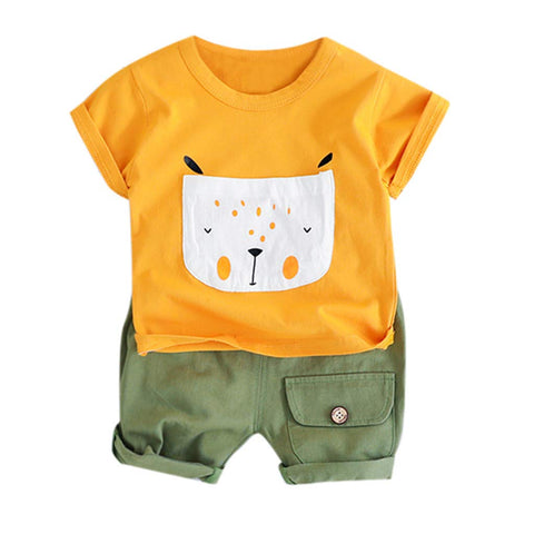 Yellow & Olive Bear Print Half Sleeve T-shirt & Shorts Set for Kids