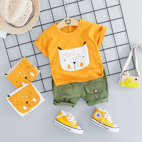 Yellow & Olive Bear Print Half Sleeve T-shirt & Shorts Set for Kids