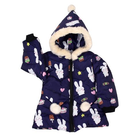 Cartoon Bunny Rabbit Fur Winter Warm Quilted Bomber Puffer Hood Jacket Coat for Lil Girls