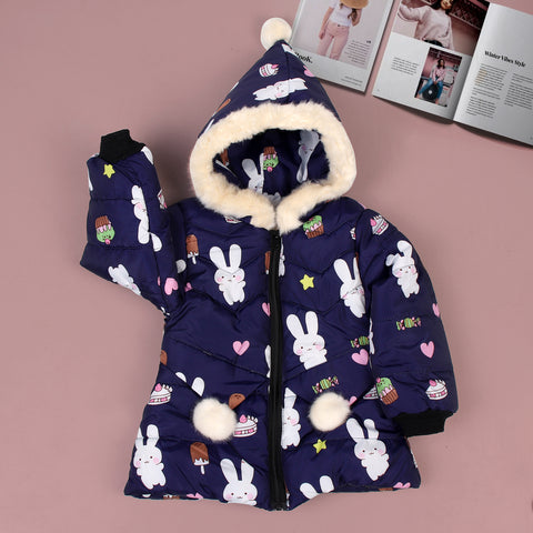 Cartoon Bunny Rabbit Fur Winter Warm Quilted Bomber Puffer Hood Jacket Coat for Lil Girls