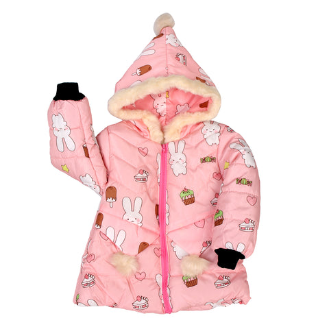 Cartoon Bunny Rabbit Fur Winter Warm Quilted Bomber Puffer Hood Jacket Coat for Lil Girls