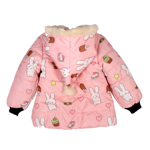 Cartoon Bunny Rabbit Fur Winter Warm Quilted Bomber Puffer Hood Jacket Coat for Lil Girls