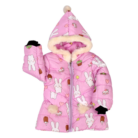 Cartoon Bunny Rabbit Fur Winter Warm Quilted Bomber Puffer Hood Jacket Coat for Lil Girls