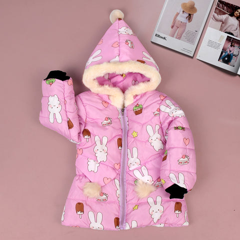 Cartoon Bunny Rabbit Fur Winter Warm Quilted Bomber Puffer Hood Jacket Coat for Lil Girls