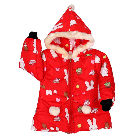 Cartoon Bunny Rabbit Fur Winter Warm Quilted Bomber Puffer Hood Jacket Coat for Lil Girls