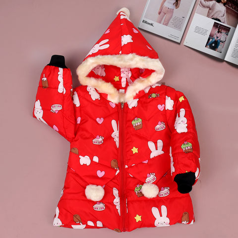 Cartoon Bunny Rabbit Fur Winter Warm Quilted Bomber Puffer Hood Jacket Coat for Lil Girls