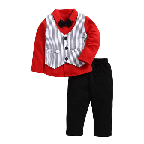 Little Gentleman Stripe Printed Waistcoat Attached Full Sleeve Shirt with Bowtie and Pant for Infant Toddler Boys