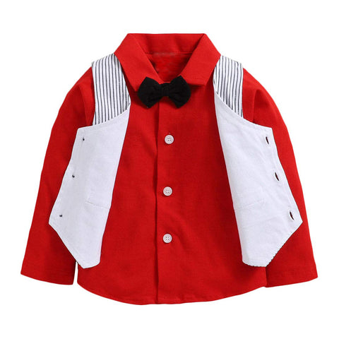 Little Gentleman Stripe Printed Waistcoat Attached Full Sleeve Shirt with Bowtie and Pant for Infant Toddler Boys
