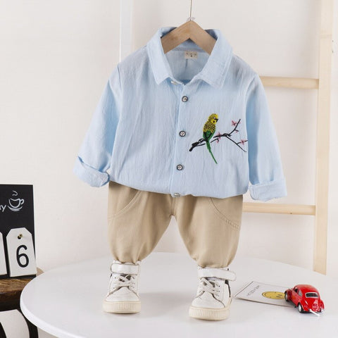 Boy's Cotton Full Sleeve Embroidered Shirt and Khaki Trouser Pant Set for Kids