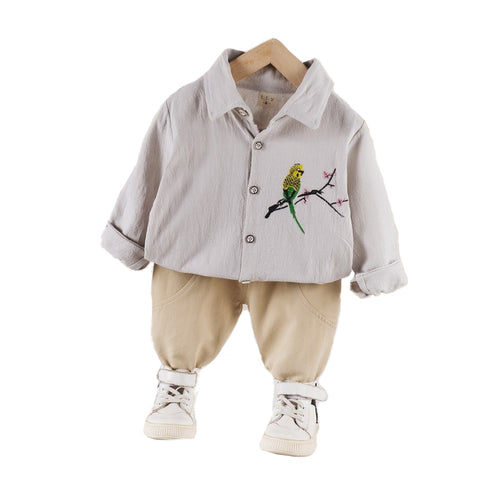 Boy's Cotton Full Sleeve Embroidered Shirt and Khaki Trouser Pant Set for Kids