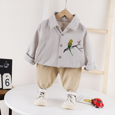 Boy's Cotton Full Sleeve Embroidered Shirt and Khaki Trouser Pant Set for Kids