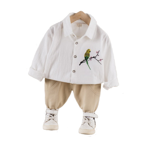 Boy's Cotton Full Sleeve Embroidered Shirt and Khaki Trouser Pant Set for Kids