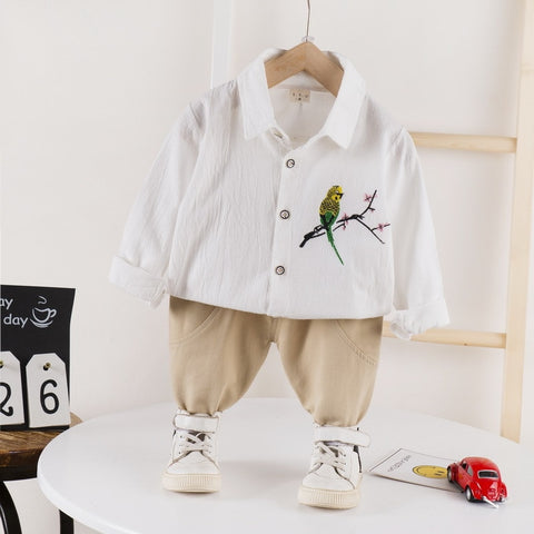 Boy's Cotton Full Sleeve Embroidered Shirt and Khaki Trouser Pant Set for Kids