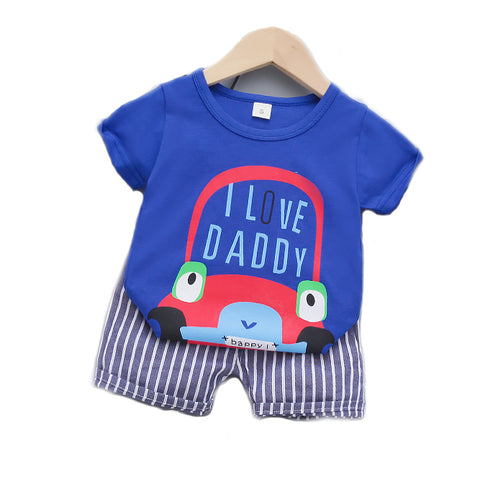 I Love Daddy Half Sleeve Text Car Print T-Shirt with Stripe Shorts for Infant Toddler Baby Boy Girl