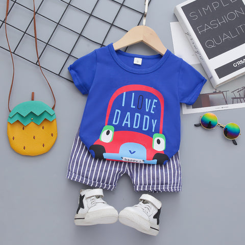 I Love Daddy Half Sleeve Text Car Print T-Shirt with Stripe Shorts for Infant Toddler Baby Boy Girl