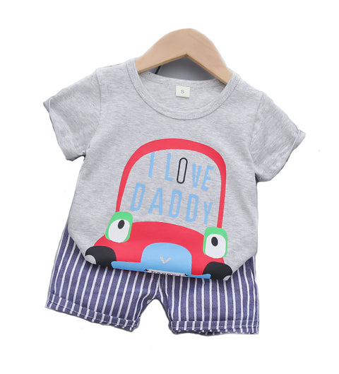 I Love Daddy Half Sleeve Text Car Print T-Shirt with Stripe Shorts for Infant Toddler Baby Boy Girl