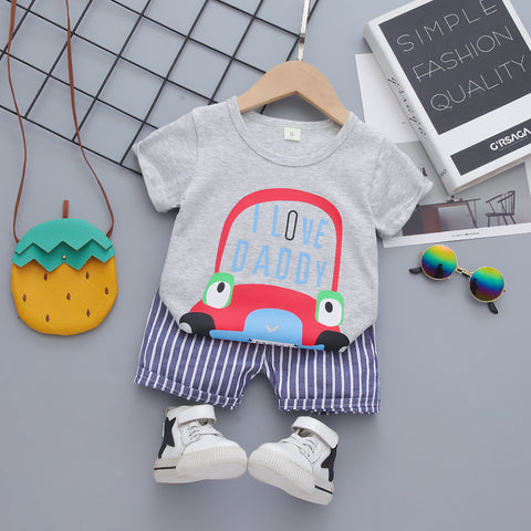 I Love Daddy Half Sleeve Text Car Print T-Shirt with Stripe Shorts for Infant Toddler Baby Boy Girl