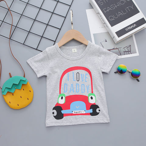 I Love Daddy Half Sleeve Text Car Print T-Shirt with Stripe Shorts for Infant Toddler Baby Boy Girl
