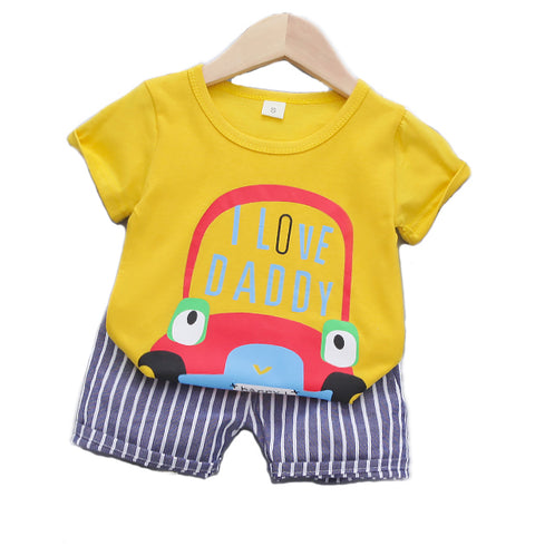I Love Daddy Half Sleeve Text Car Print T-Shirt with Stripe Shorts for Infant Toddler Baby Boy Girl