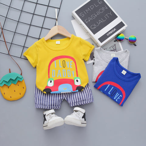 I Love Daddy Half Sleeve Text Car Print T-Shirt with Stripe Shorts for Infant Toddler Baby Boy Girl