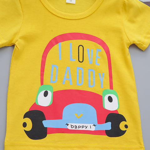 I Love Daddy Half Sleeve Text Car Print T-Shirt with Stripe Shorts for Infant Toddler Baby Boy Girl