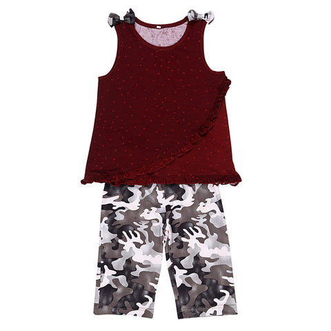 Sleeveless Maroon Heart Self Fabric Tank Top with Camouflage 3/4th Capri Pant