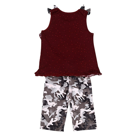 Sleeveless Maroon Heart Self Fabric Tank Top with Camouflage 3/4th Capri Pant