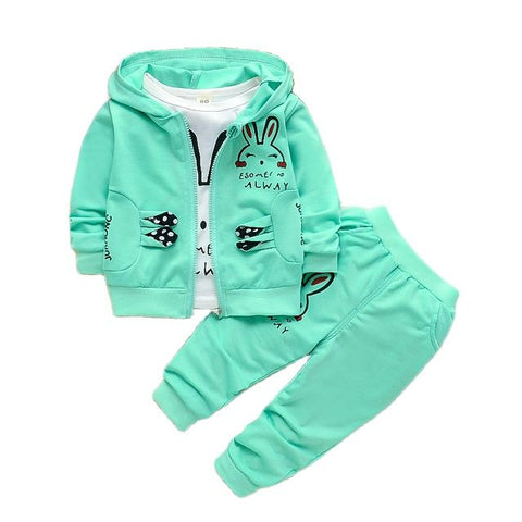 Cute Bunny Cartoon Print T-Shirt with Zipper Hoodie Jacket & Pants 3 Piece Winter Clothing Set for Infant Toddler Kids