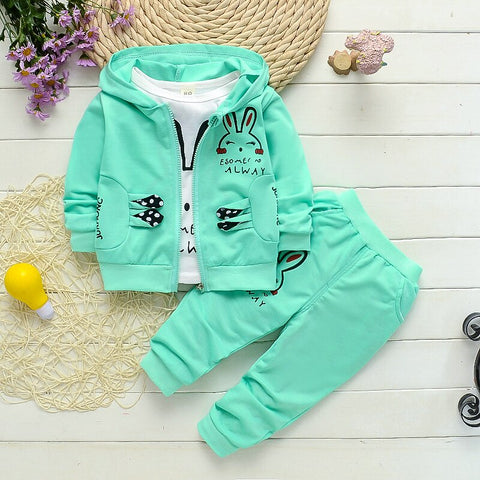 Cute Bunny Cartoon Print T-Shirt with Zipper Hoodie Jacket & Pants 3 Piece Winter Clothing Set for Infant Toddler Kids