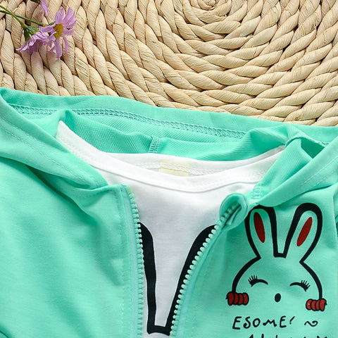 Cute Bunny Cartoon Print T-Shirt with Zipper Hoodie Jacket & Pants 3 Piece Winter Clothing Set for Infant Toddler Kids