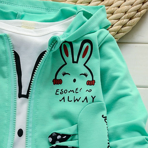 Cute Bunny Cartoon Print T-Shirt with Zipper Hoodie Jacket & Pants 3 Piece Winter Clothing Set for Infant Toddler Kids