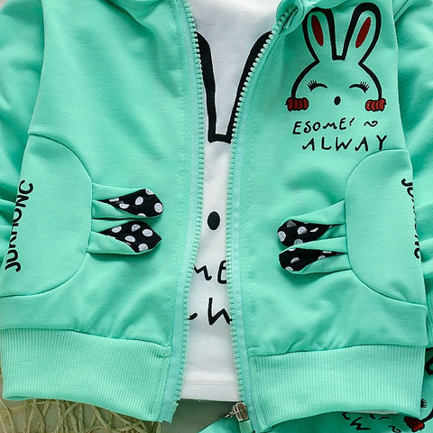 Cute Bunny Cartoon Print T-Shirt with Zipper Hoodie Jacket & Pants 3 Piece Winter Clothing Set for Infant Toddler Kids